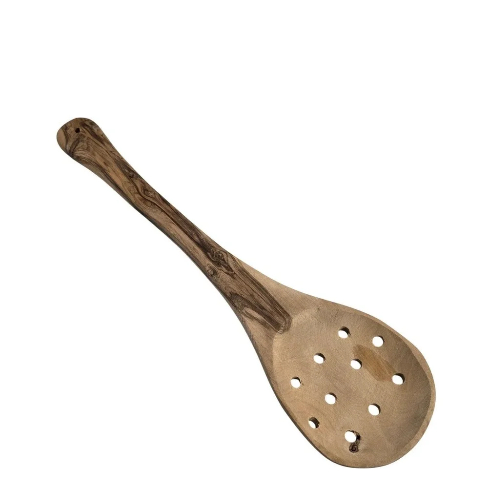 Handcrafted Olive Wood Slotted Spoon Rustic Wooden Kitchen Strainer Utensil 12in